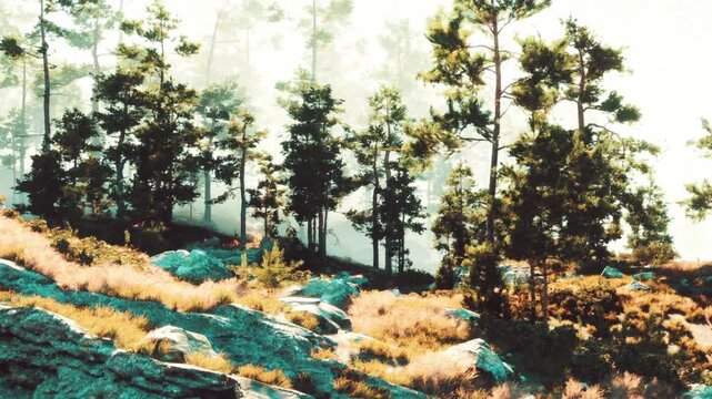 Sunlight filters through a forest of tall trees. Stones and patches of grass are visible on the ground. The scene shows a natural setting with greenery and some sunlight.