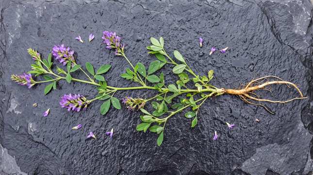 Alfalfa plant with purple flowers and roots on a wet dark stone