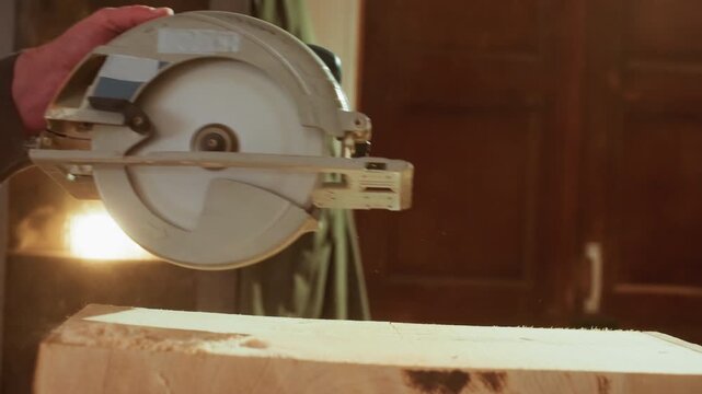 Skilled craftsman operates handheld power tool to precisely slice lumber. steady grip guides cutting process while sawdust forms indicating active material removal and smooth surface