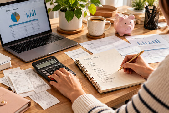 Planning a Home Budget with Notebook, Calculator and Financial Documents