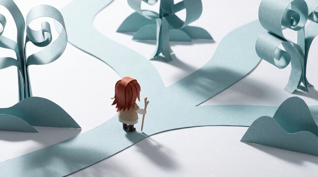 Paper figure stands at a pathway fork in a crafted scene