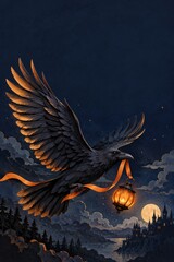 Obraz premium Black Raven Flying with Glowing Pumpkin Lantern over Gothic Landscape on Halloween Night