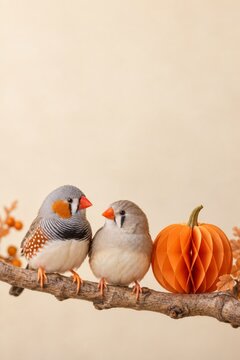 Pair of Zebra Finches Perched Beside Orange Paper Pumpkin in Minimal Autumn Halloween Scene