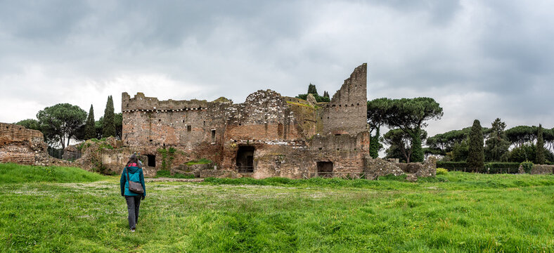Female Tourist Walking Towards the Ninfeo della Villa dei Quintili Rome