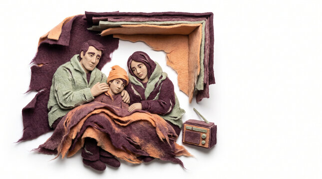 Family sheltering from a hurricane under blankets in a cozy room  
