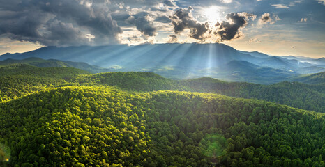 Obraz premium Bright sunrise in North Carolina Blue Ridge Mountains in summer season. Mt Mitchell summertime landscape of beautiful nature