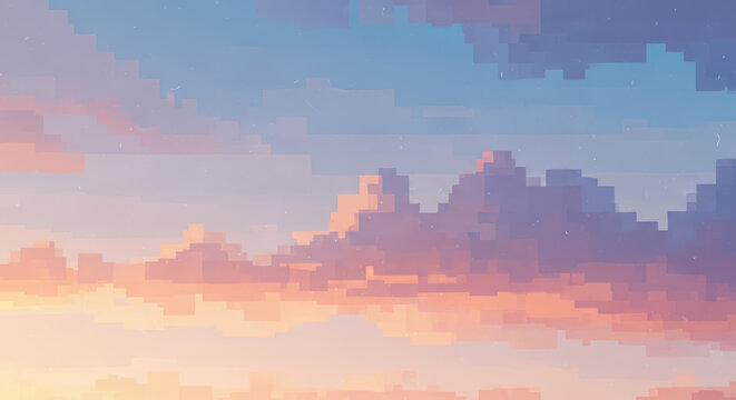 Retro pixel art clouds at sunset, pastel pink and purple sky background, nostalgic 8-bit digital landscape for gaming and web design