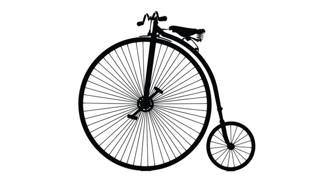 Vintage penny farthing bicycle silhouette featuring large front wheel against solid white studio background