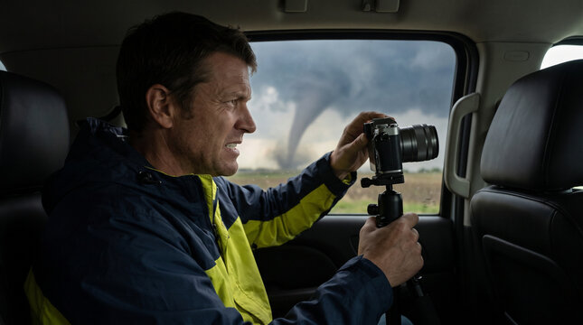 Storm chaser photographing tornado from inside a vehicle  