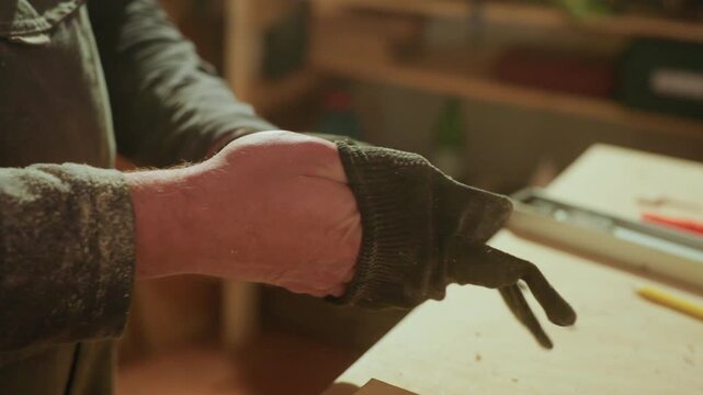 Man puts on black fabric work gloves over dusty hands at wooden table. Gloved fingers point to glove texture with tools like pencils and measuring tape visible in soft lighting