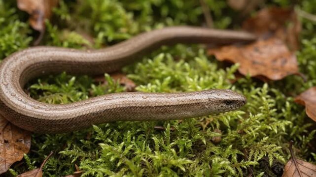 slow worm (anguis fragilis) legless lizard crawling through green moss and forest leaves