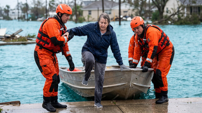 Rescue workers assisting woman into boat after hurricane flooding  