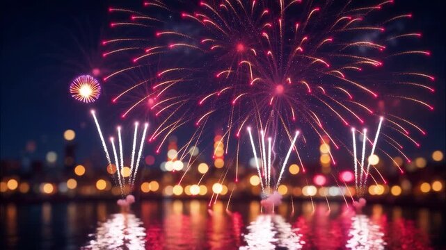 Spectacular fireworks bursting over a city skyline at night with reflections in the water during a festive celebration