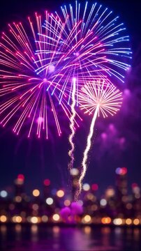 Colorful fireworks exploding over a city skyline at night for a festive celebration and happy new year