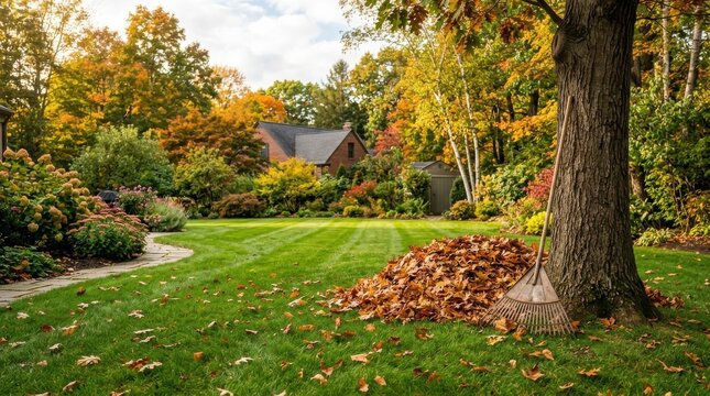 Autumn landscape featuring large pile of fallen dry leaves and garden rake in backyard with green lawn.