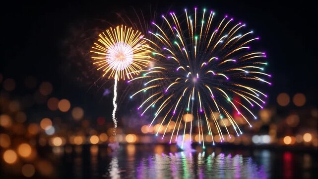 Colorful fireworks exploding over city skyline with water reflection during holiday celebration