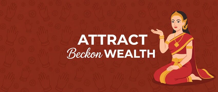 Nang Kwak Thai wealth goddess beckoning lady attracting fortune and business prosperity banner illustration, traditional Thai culture deity symbol for luck, commerce, success and financial growth.