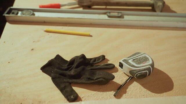 Reveals various carpentry items arranged across wooden workbench covered in sawdust. tape measure rests on right with level and pencil visible above it black gloves appear near frame left