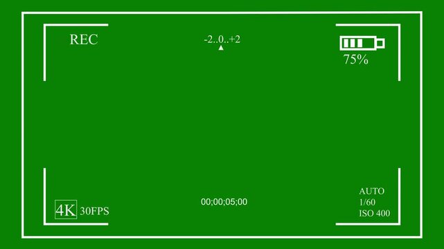 Digital camera recording interface overlay, camcorder viewfinder screen UI, video camera viewfinders frame and cinema rec display for chroma key video editing on green screen background.
