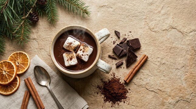Double handle mug filled with rich hot chocolate and charred marshmallows on rustic surface.