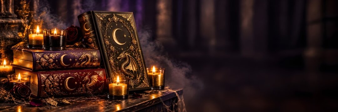 Libros de fantas&iacute;a y velas doradas y negras de fantas&iacute;a, fantas&iacute;a, brujer&iacute;a, Halloween, en ambiente oscuro y c&aacute;lido, con espacio negativo