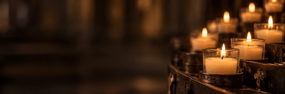 Peque&ntilde;as velas de iglesia encendidas dando luz tenue y c&aacute;lida, y espacio negativo.
