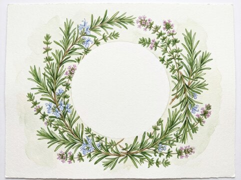 Rosemary and thyme watercolor wreath forms a circular frame with central copy space on a textured background.