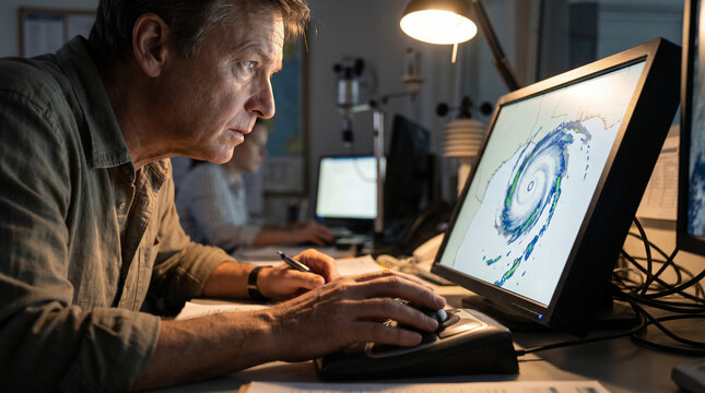 Meteorologist analyzing hurricane data on computer screen  