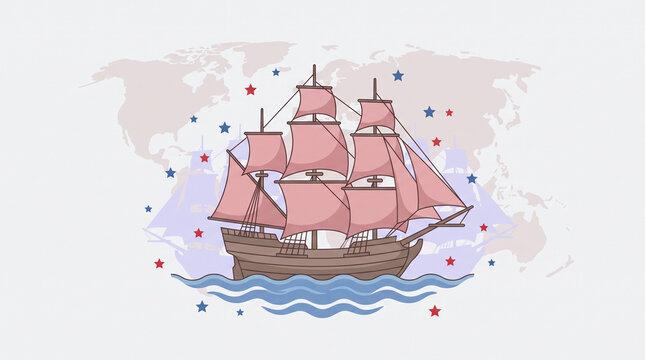 Historic sailing ship with stars and world map for Columbus Day concept