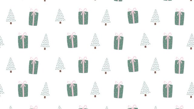 Seamless animated Christmas pattern with gifts and trees