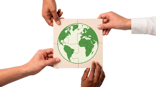 Four Hands Connecting Earth Puzzle Pieces on White Background