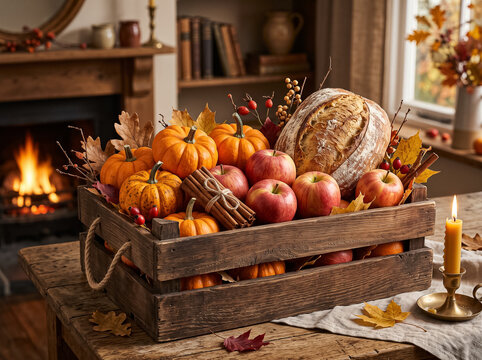 wooden crate pumpkins red apples fresh bread cinnamon sticks table burning fireplace background