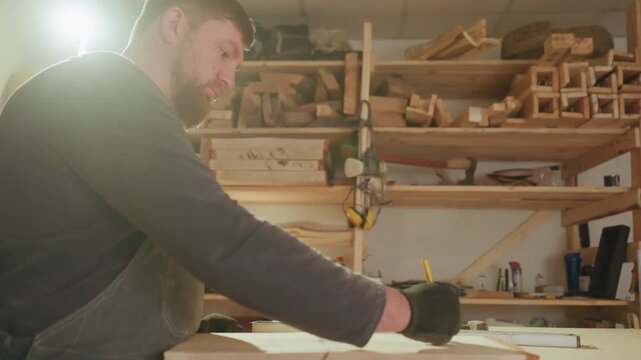 Man works at workbench marking pieces of wood for joinery. background shows shelves full of wooden planks in various sizes and shapes indicating active workshop environment