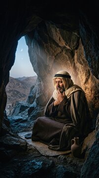 Prophet Muhammad Revelation: sacred cave, divine light, holy messenger, spiritual devotion, deep meditation, ancient mountain, nightly prayer, humble servant, solemn contemplation.