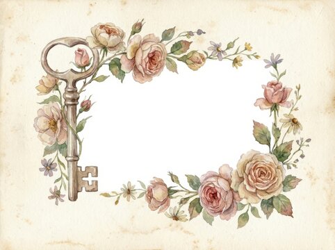Key of vintage design is surrounded by a decorative frame of pink roses and green leaves.