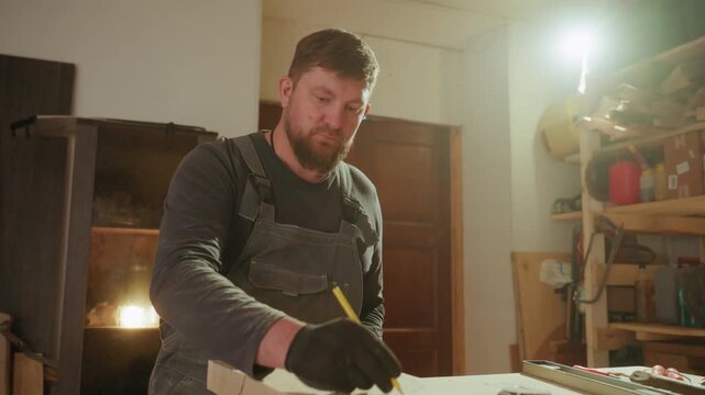 Man in overalls marks wood surface using pencil within well equipped woodworking space. Workshop background includes measuring tape level tool on table and shelves with lumber pieces. Warm