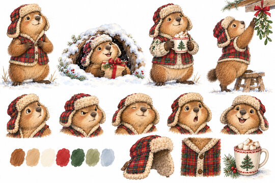 Whimsical winter groundhog character set, festive marmot illustrations in red plaid trapper hat, cozy Christmas woodchuck collection for holiday cards
