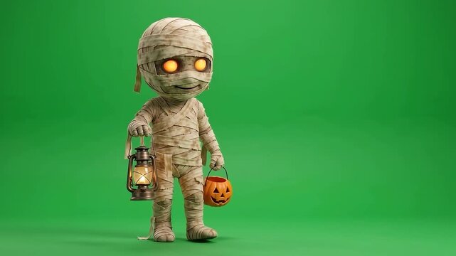 Little Cartoon Mummy Carrying Lantern on Green Screen Chroma Key