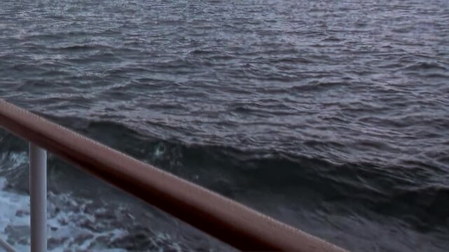Arctic Ocean Ship Navigating Grey Ocean Waters Across Polar Seas. Railing and deck elements frame the view while cold water stretches toward the distant polar horizon.
