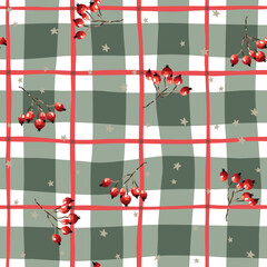 Obraz premium Christmas seamless pattern, red berries, stars, gingham background. Vector illustration. Cozy design. Season greeting. Winter holidays