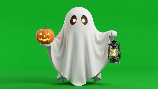 White Sheet Ghost Holding Pumpkin and Lantern on Green Screen