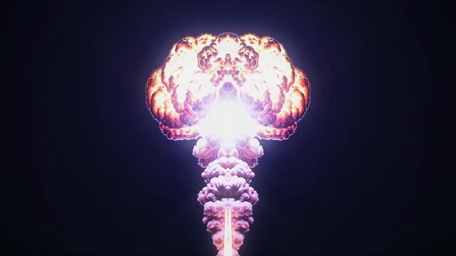 Orange nuclear mushroom cloud on black, seamless vj loop for geopolitics, news and nuclear threat coverage