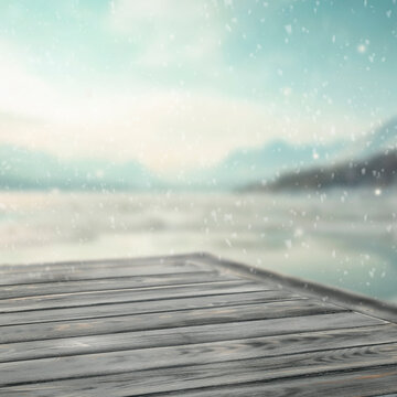Winter product mockup with copy space &ndash; snowy mountain landscape and product placement. Clean space for product placement surrounded by fresh snow. Winter template for commercial campaigns.