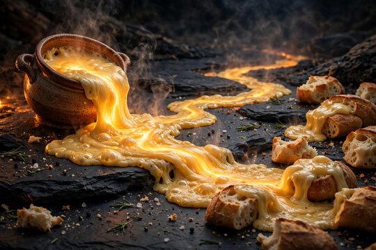 Melted cheese flowing like lava from a fondue pot across a dark slate table
