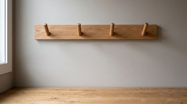 Empty mudroom wall with wooden coat hooks