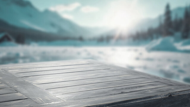 Winter product mockup with copy space &ndash; snowy mountain landscape and product placement. Clean space for product placement surrounded by fresh snow. Winter template for commercial campaigns.