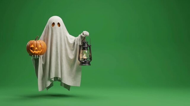 White Bedsheet Ghost Holding Pumpkin on Green Screen Chroma Key