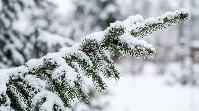 Winter landscape featuring a snow covered pine branch against a blurred natural background.