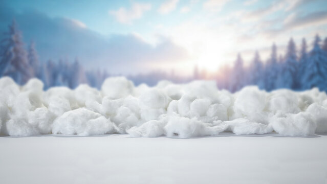 Winter product mockup with copy space &ndash; snowy mountain landscape and product placement. Clean space for product placement surrounded by fresh snow. Winter template for commercial campaigns.