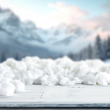 Winter product mockup with copy space &ndash; snowy mountain landscape and product placement. Clean space for product placement surrounded by fresh snow. Winter template for commercial campaigns.